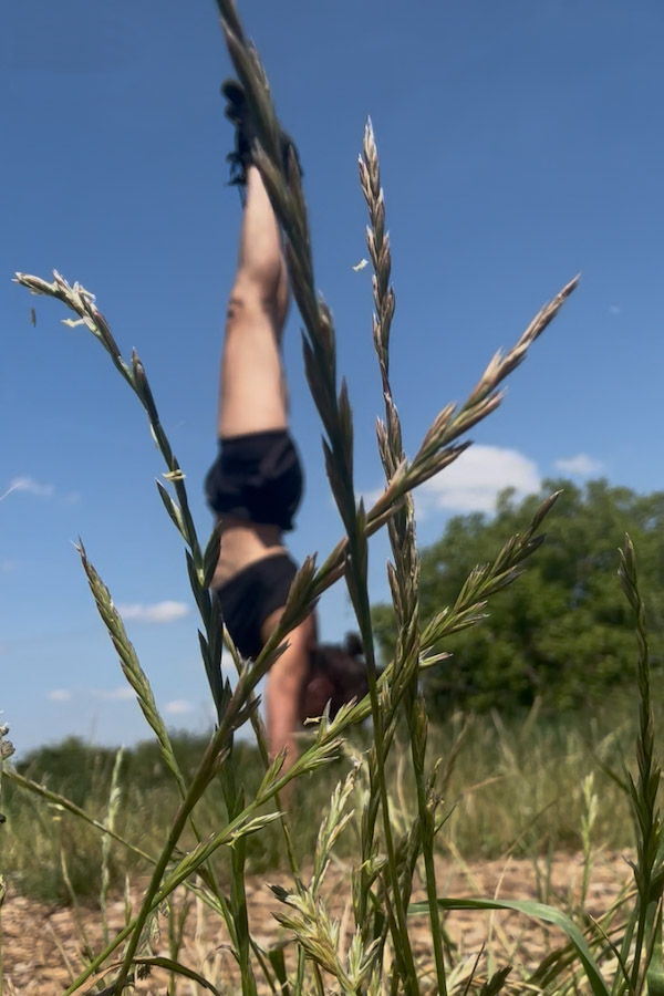 Aerial acrobat performing an aerial pose outdoors in tall grass